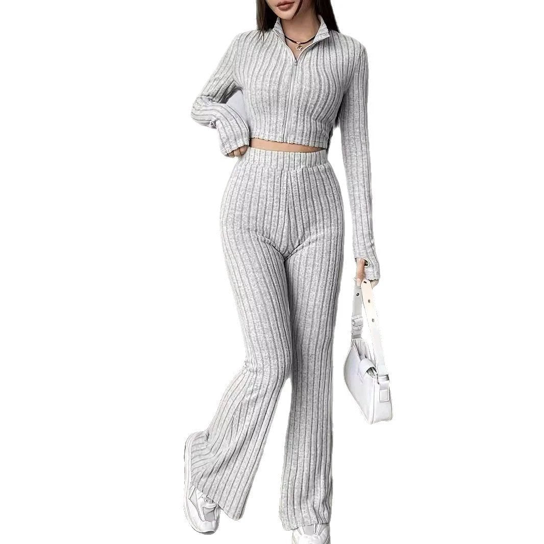 Fashionable Solid-Color Ribbed Two-Piece Set Zip-Up Long-Sleeve Cropped Top And High-Waist Flare Pants Suit by GJG Denim