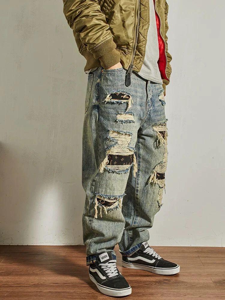 Men's Loose Straight Tapered Distressed Broken Holes Jeans by GJG Denim