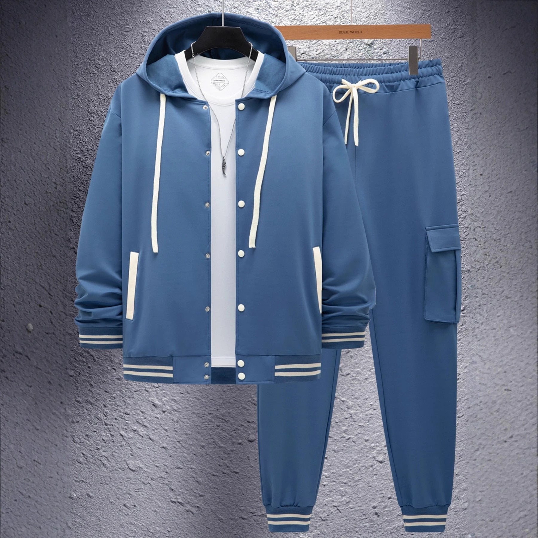 Men's Large Twill Hooded Baseball Jacket Cardigan Long Sleeve Pants Set by GJG Denim