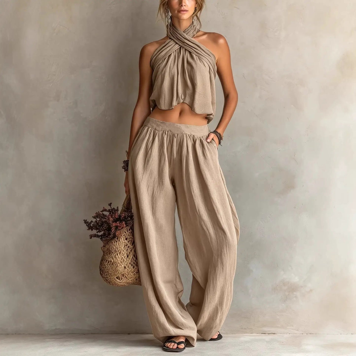 Womens Loose-Fit Sleeveless Top And Wide-Leg Pants Two-Piece Set by GJG Denim