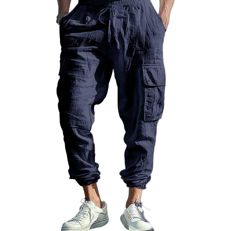 Men's Casual Ankle-tied Multi-pocket Tether Solid Color Loose Pants by GJG Denim