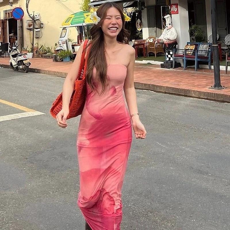 Contrast Color Tube Top Printing Dress by GJG Denim