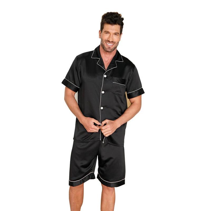 Men's Silk Pajamas Solid Color Polo Collar by GJG Denim