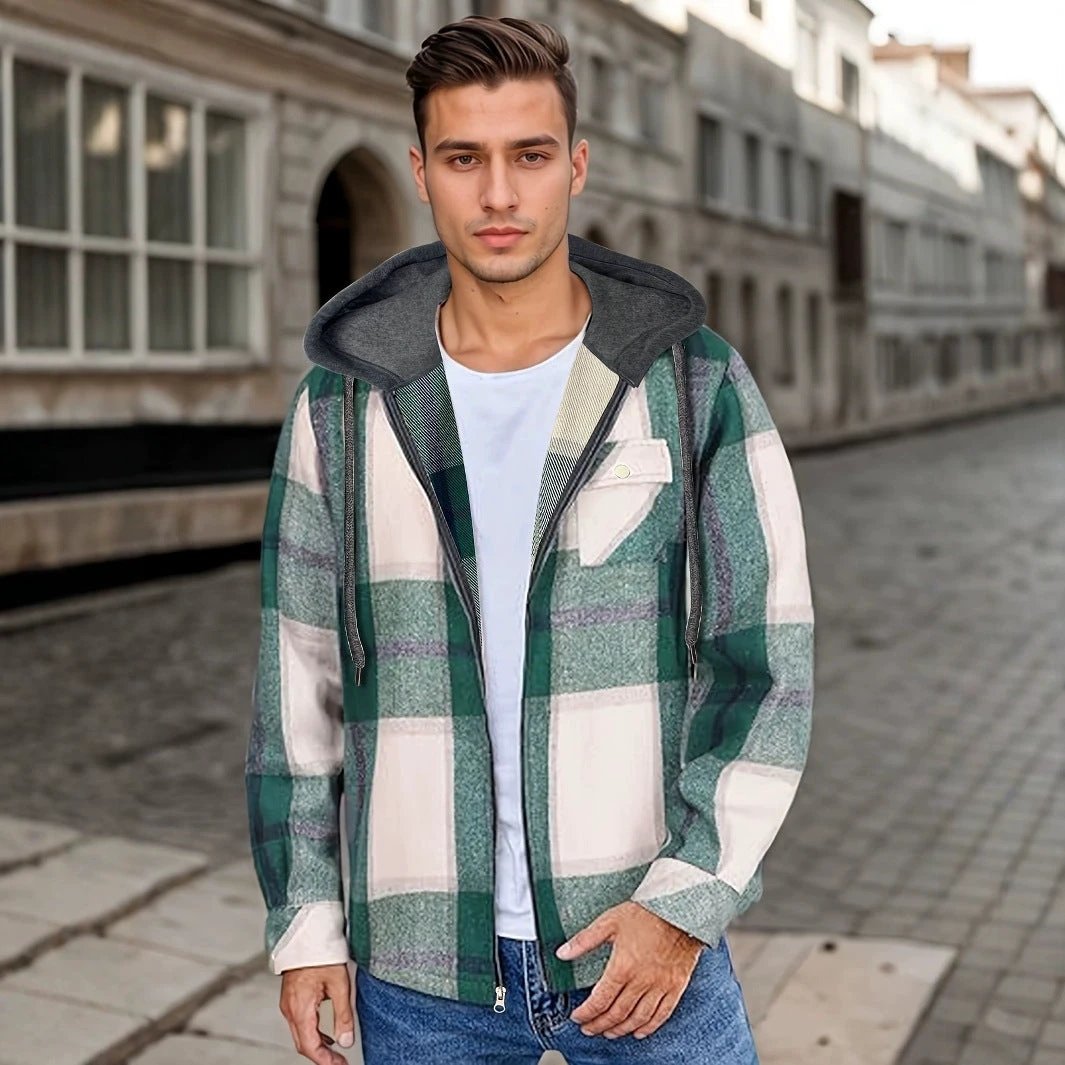 Men's Flannel Jacket Zipper Hooded Jacket by GJG Denim