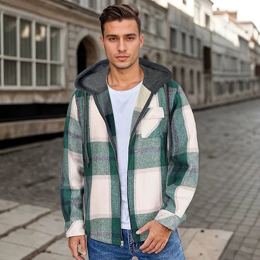 Men's Flannel Jacket Zipper Hooded Jacket by GJG Denim