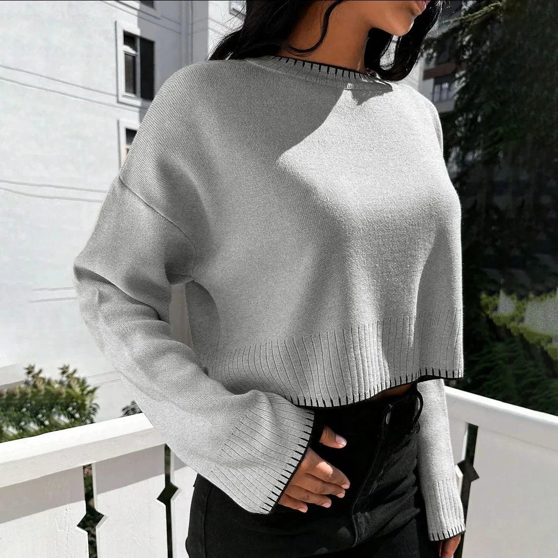 High-waisted Color-block Loose-fitting Cropped Pullover Knit Sweater by GJG Denim
