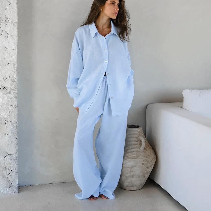 Loose Cotton And Linen Breathable Long Sleeves Trousers Two-piece Set by GJG Denim