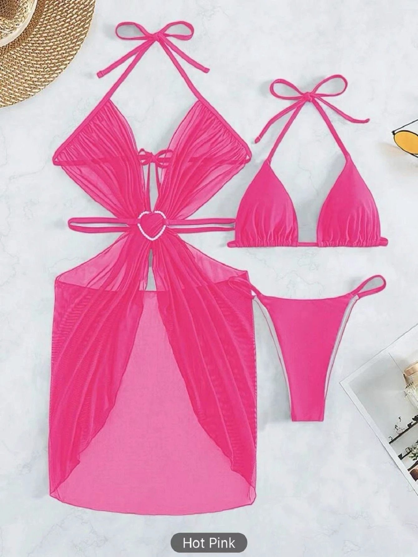 3pcs Halter Neck Bikini Beach Summer Solid Color Split Swimsuit Womens Clothing by GJG Denim