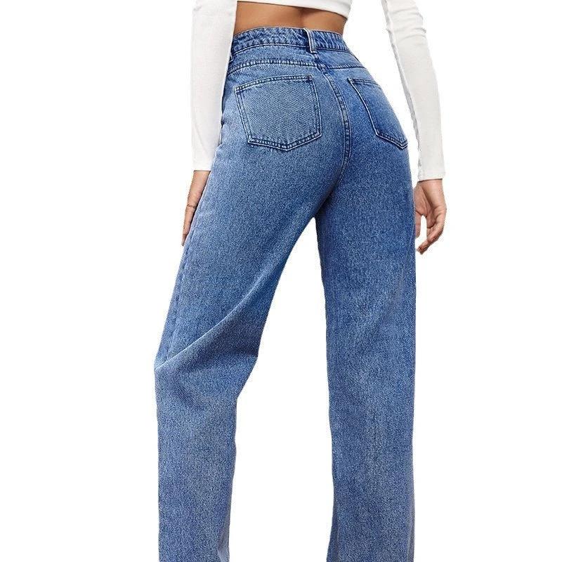 Washed Fashion Straight Jeans Women's Mid Waist by GJG Denim