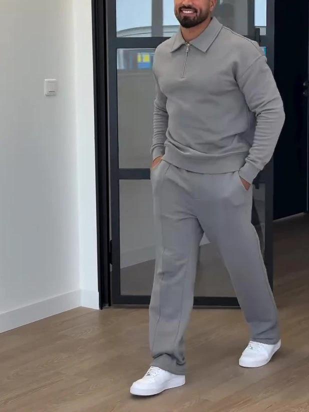Men's Half-Zip Polo Sweatshirt & Slim Flare Pants Set by GJG Denim