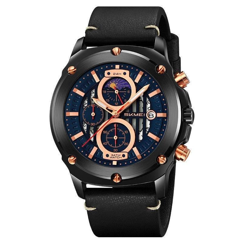 Men's Fashion Trend Leather-belt Three Eyes And Six Needles Quartz Watch by GJG Denim