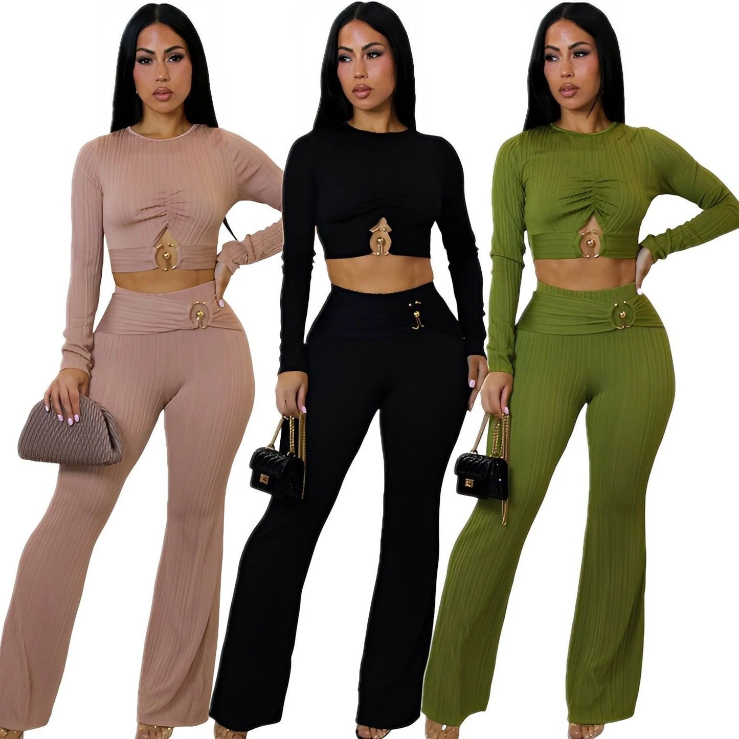 Women's Slim-fit Sexy Hollow-out Top And Flared Pants Two-piece Set by GJG Denim