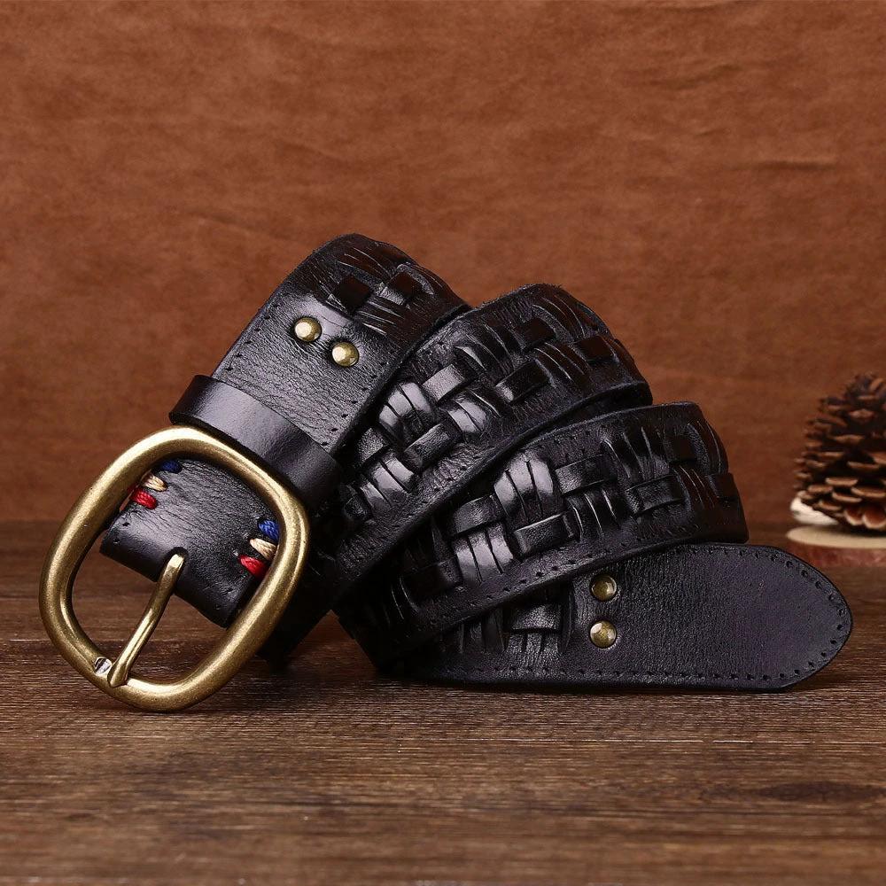 Men's Hand-woven Punch-free Brass Buckle Belt by GJG Denim