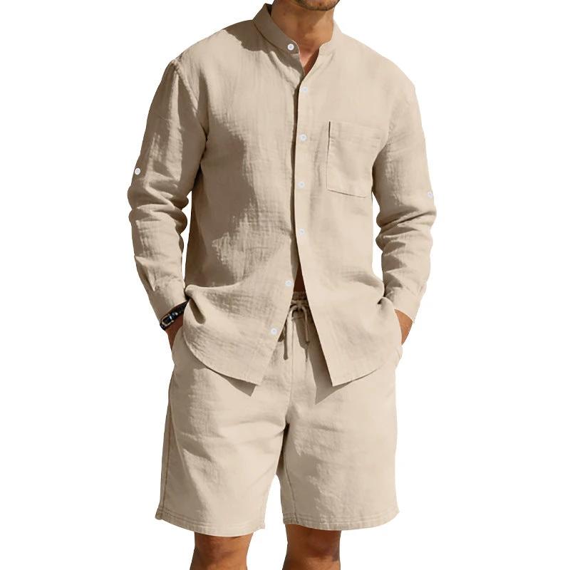 Men's Casual Linen Shirt And Shorts Set by GJG Denim