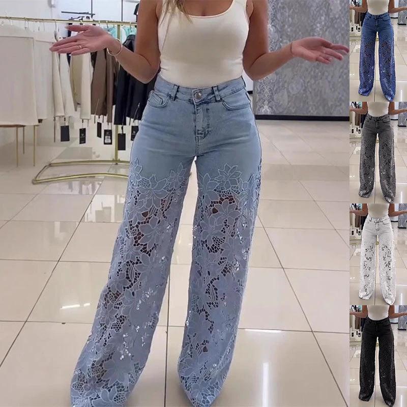 Y2K Lace Flowers Hollow Jeans Fashion High Waist Straight Wide Leg Pants Solid Color Trousers Women's Clothing by GJG Denim