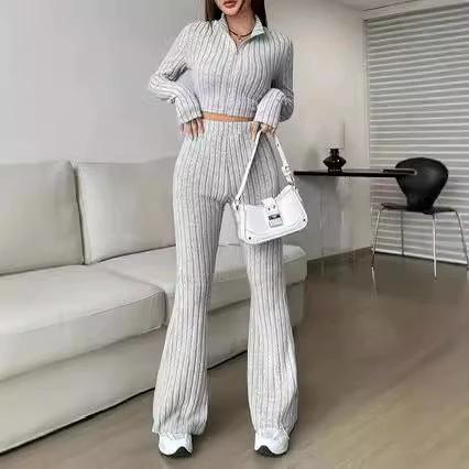 Fashionable Solid-Color Ribbed Two-Piece Set Zip-Up Long-Sleeve Cropped Top And High-Waist Flare Pants Suit by GJG Denim