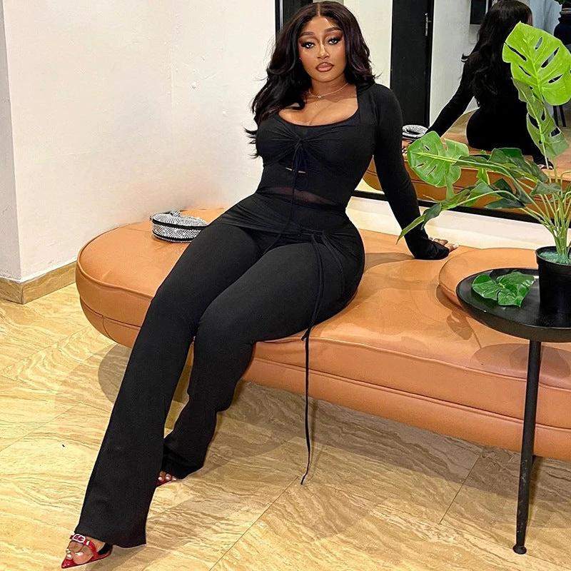 Women's Solid Color Casual Suit Mesh Stitching by GJG Denim