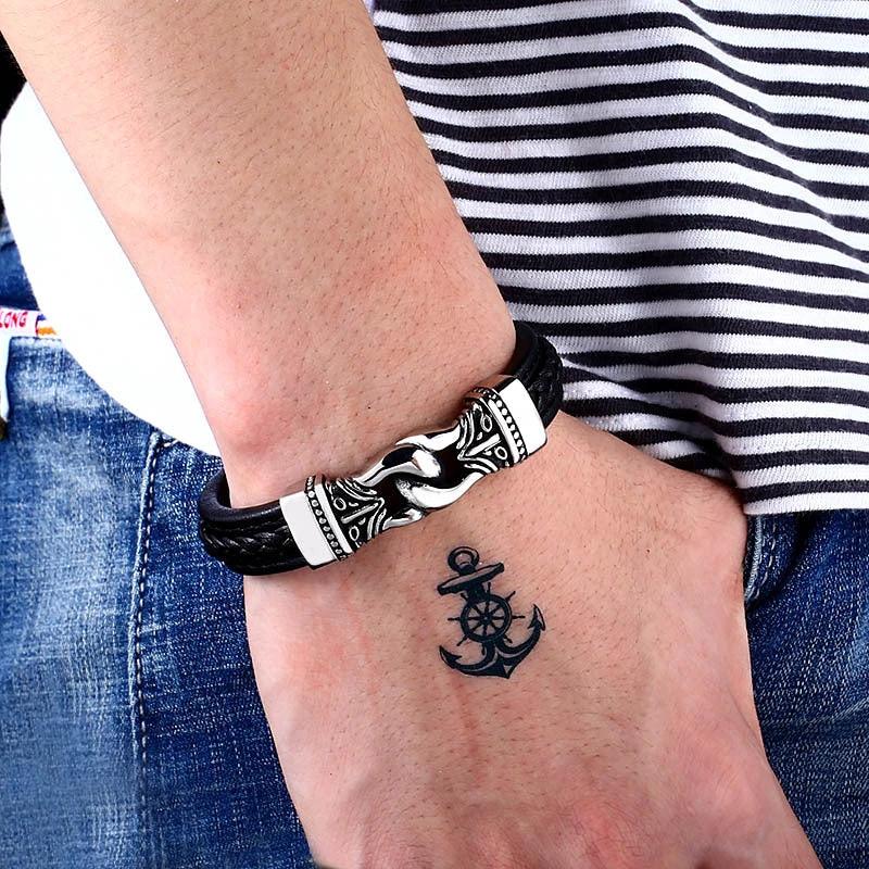 Men's Vintage Stainless Steel Leather Bracelet by GJG Denim