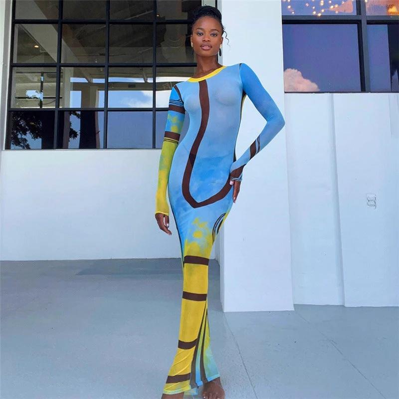Mesh Stripe Print Perspective Slim Fit Wrap Hip Dress by GJG Denim