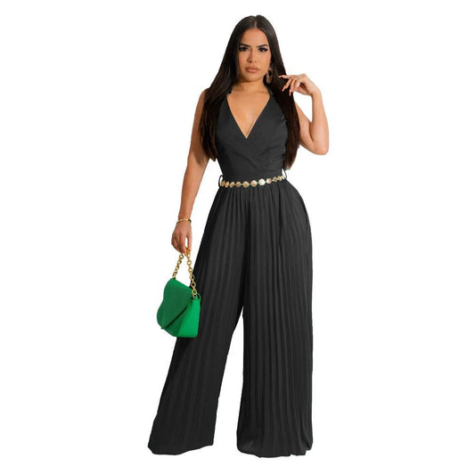 Cinched Pleated Loose Wide Leg Jumpsuit by GJG Denim