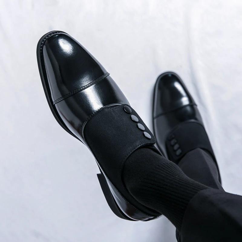 Men's Slip On Low Top Pointed Round Toe Button Leather Shoes by GJG Denim