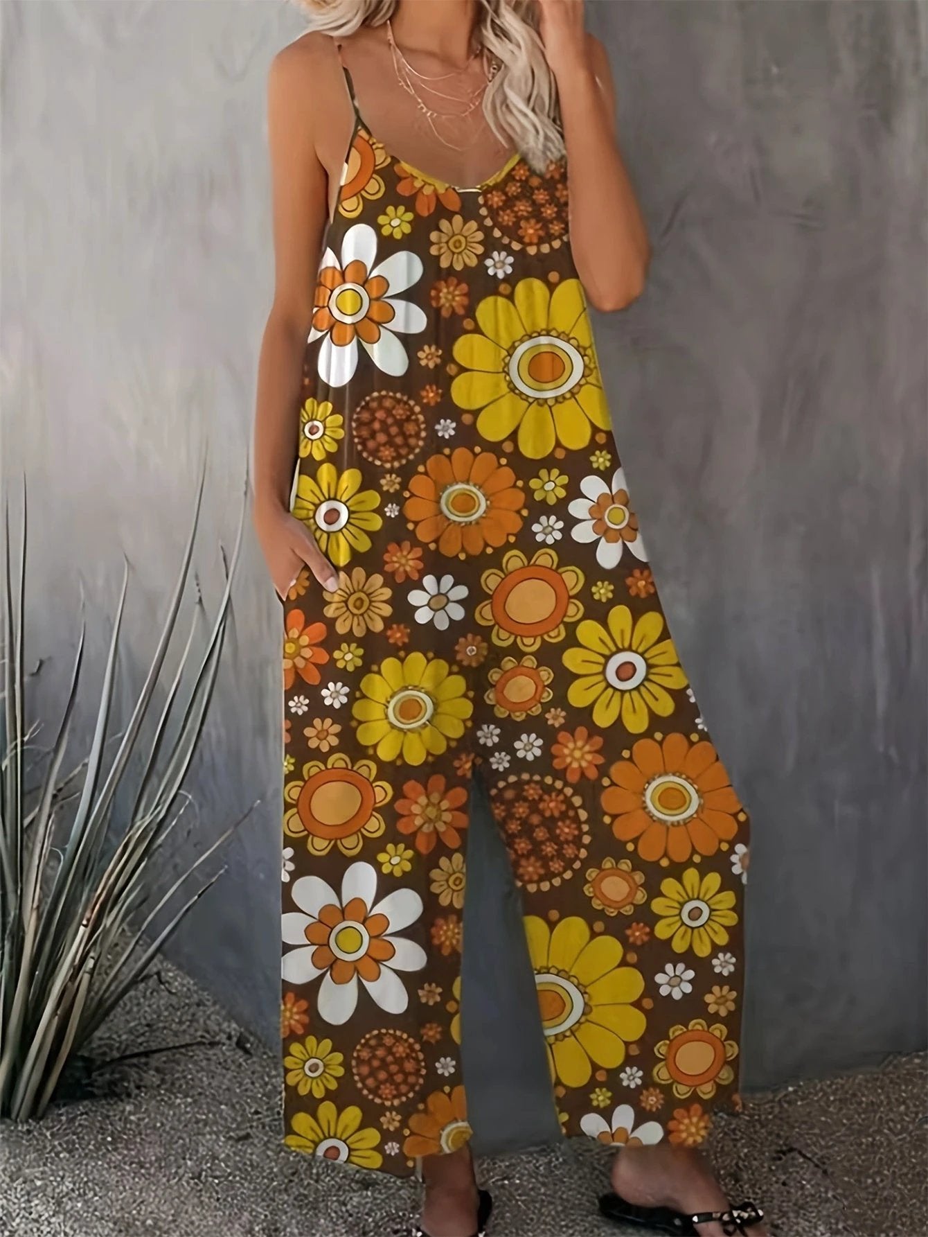 Plus Size Women's Allover Printed Pattern Camisole Casual Street Jumpsuit Pants by GJG Denim