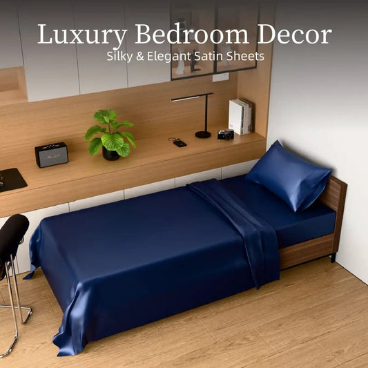 Satin Bed Sheets, Twin Size Sheets Set, 3 Pcs Silky Bedding Set With 15 Inches Deep Pocket For Mattress Twin, Navy Blue by GJG Denim