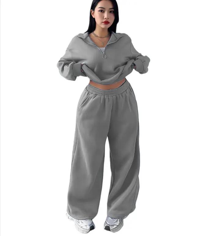 Casual Womens Fashion Half-Zip Pullover Hoodie And Pants Two-Piece Set by GJG Denim