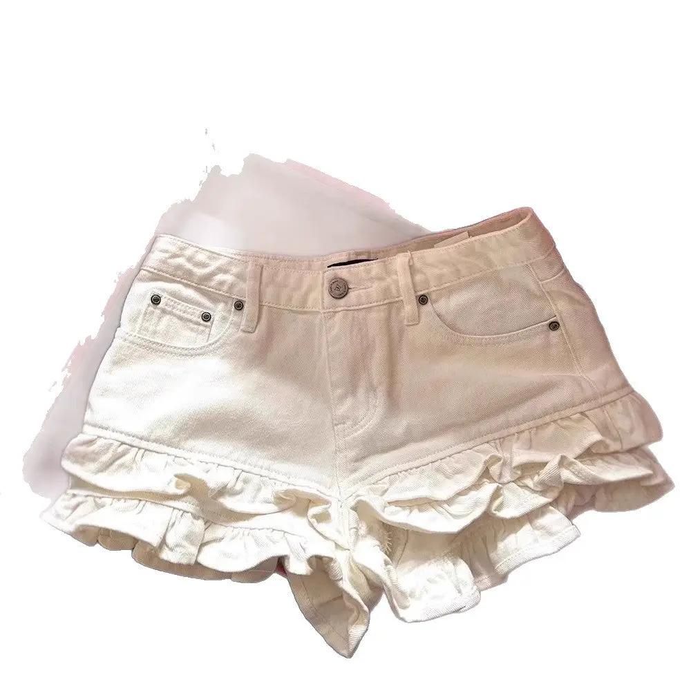 White Ruffled Panel Denim Shorts by GJG Denim