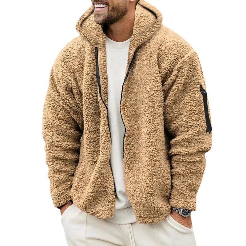 Plush Hooded Jacket Men's Autumn And Winter Fleece Double-sided Wear Warm Coat With Zipper Loose Casual Jacket Outdoor Clothing by GJG Denim