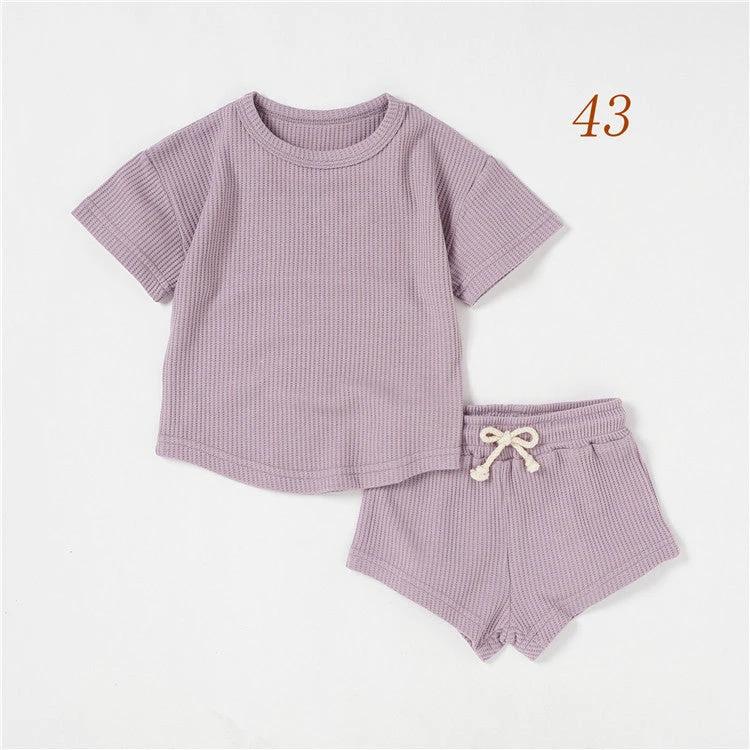 Children's Short-sleeved Suit Solid Color Baby Short Sleeve Two-piece Suit by GJG Denim
