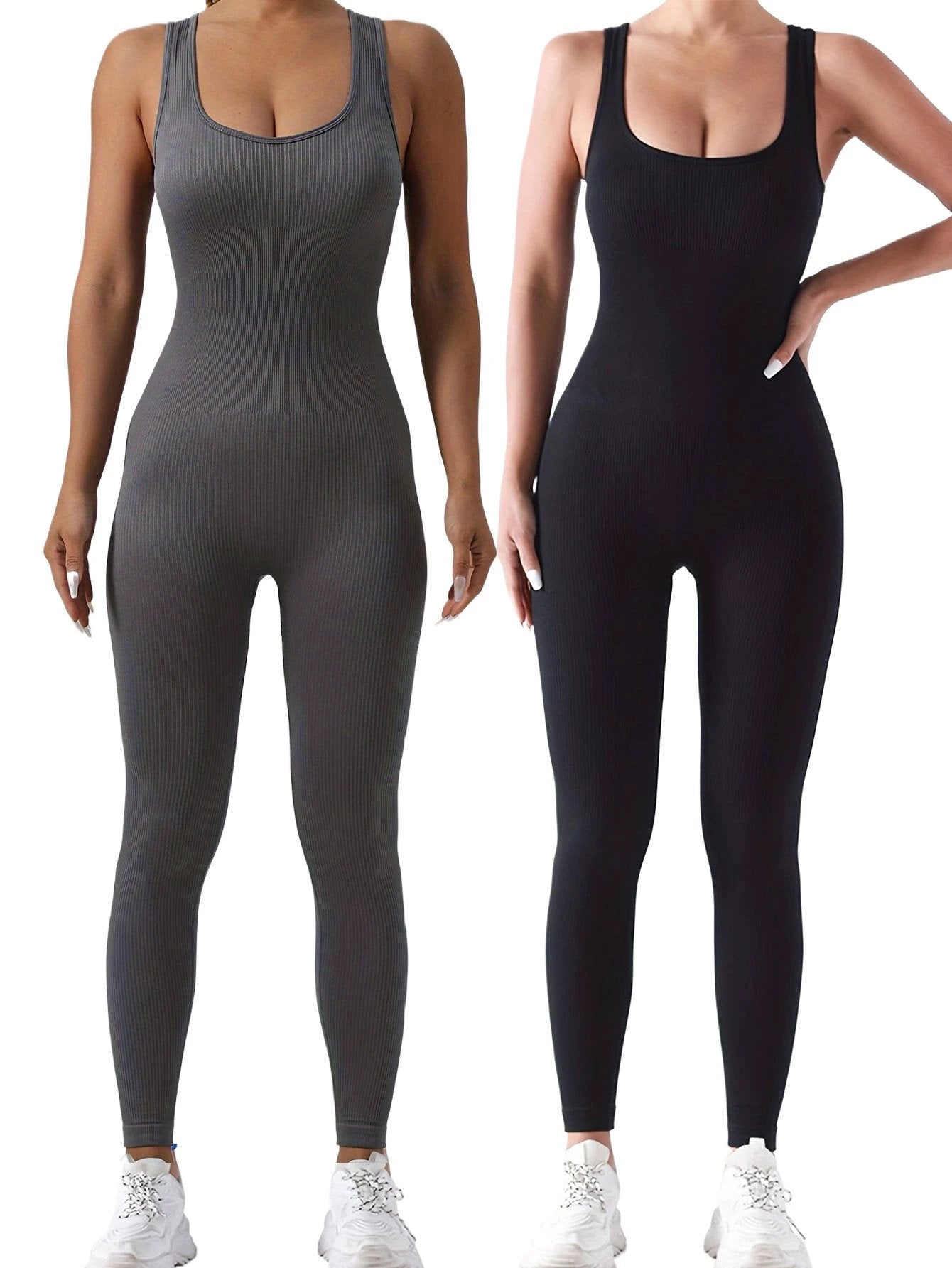 2 Pack Women's Ribbed Solid Color One-Piece Jumpsuit, Form-Fitting Sensual Activewear, Classic Sleeveless Full-Length Pants For Sport Casual Wear by GJG Denim