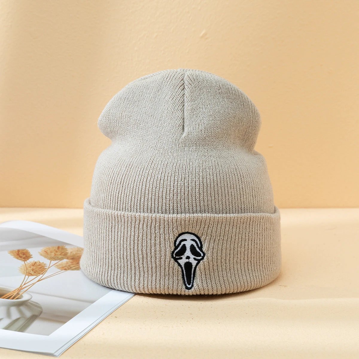 Men's Embroidered Ghost Face Knitted Beanie by GJG Denim