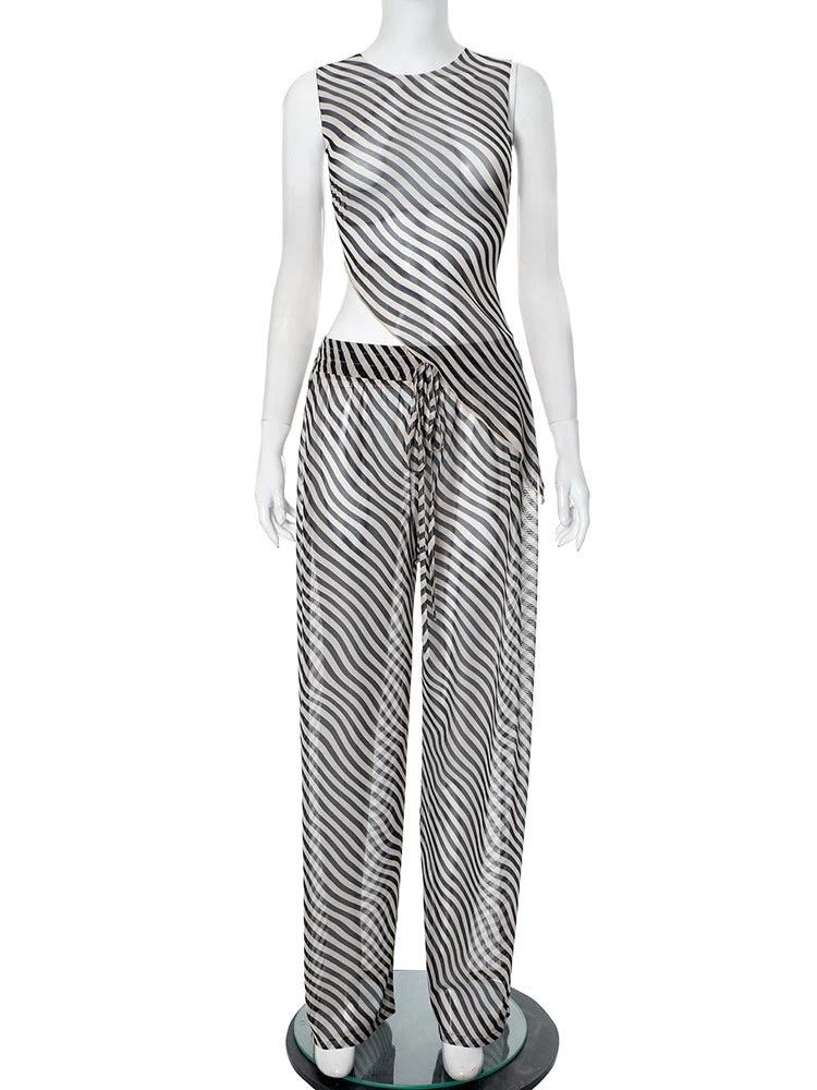 Women's Sleeveless Diagonal Stripes See-through Irregular Top Suit by GJG Denim