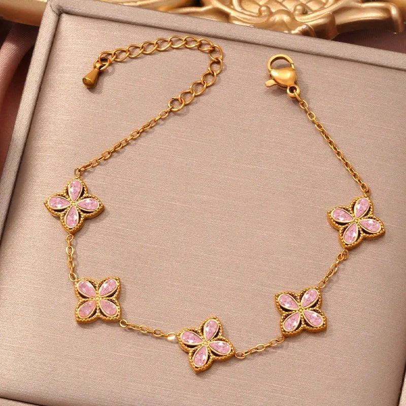 Small Flowers Inlaid Zircon Bracelet For Women by GJG Denim