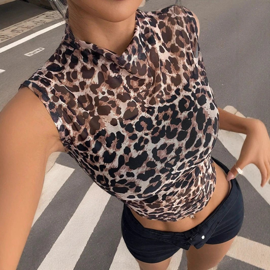 Slim Sleeveless Leopard Print Women's T-shirt by GJG Denim