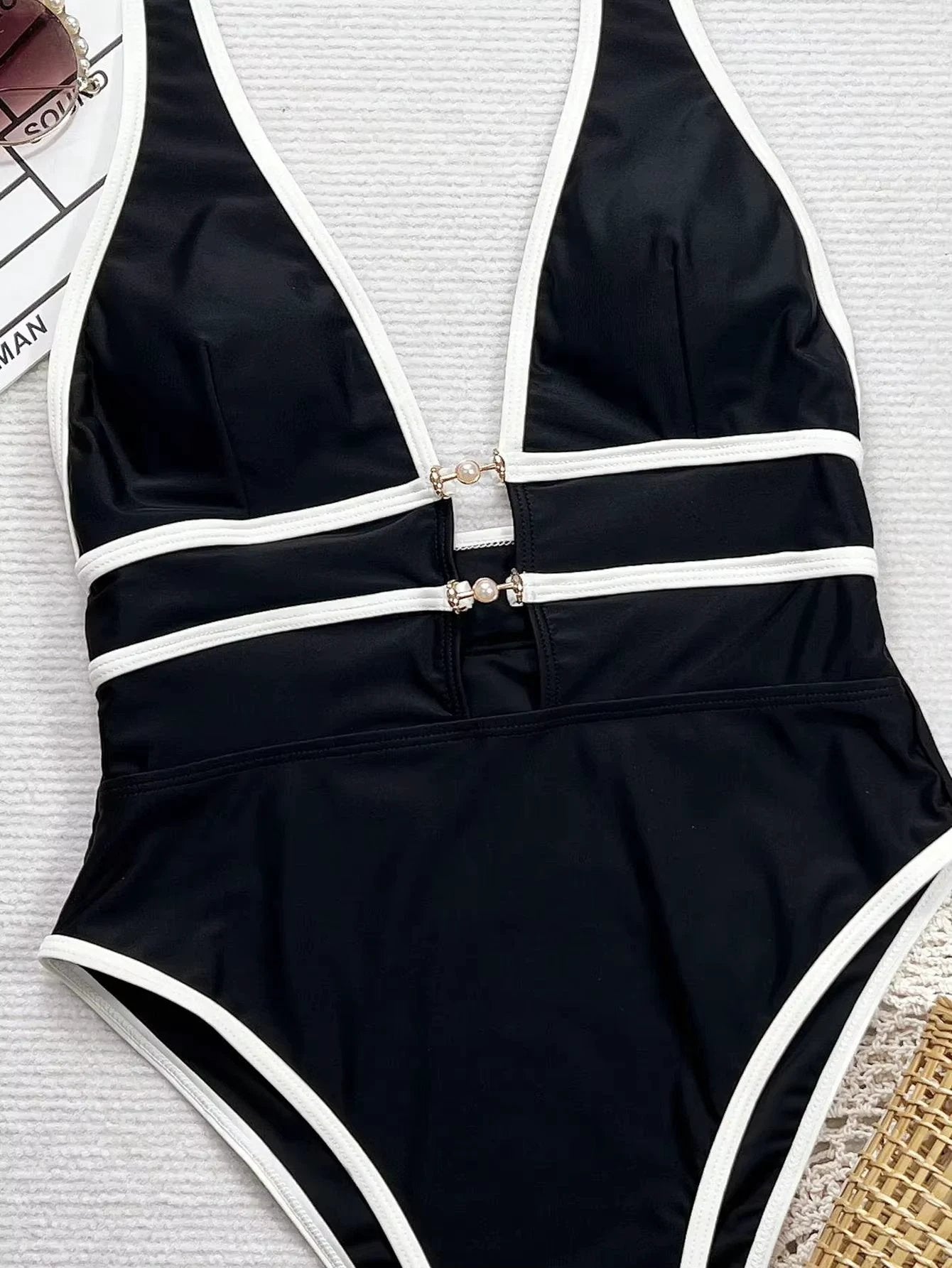 Sexy Bikini Suspender Deep V Black And White Cross Thin Swimsuit by GJG Denim