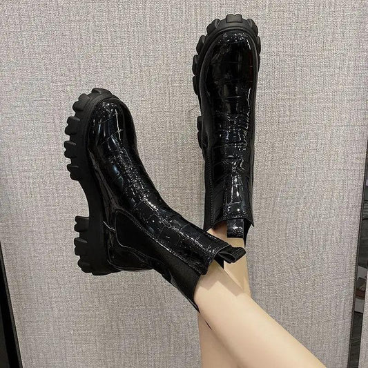 British Style Mid Calf Boots for Women - Autumn Winter Thick Sole Chunky Heel Ankle Boots by GJG Denim