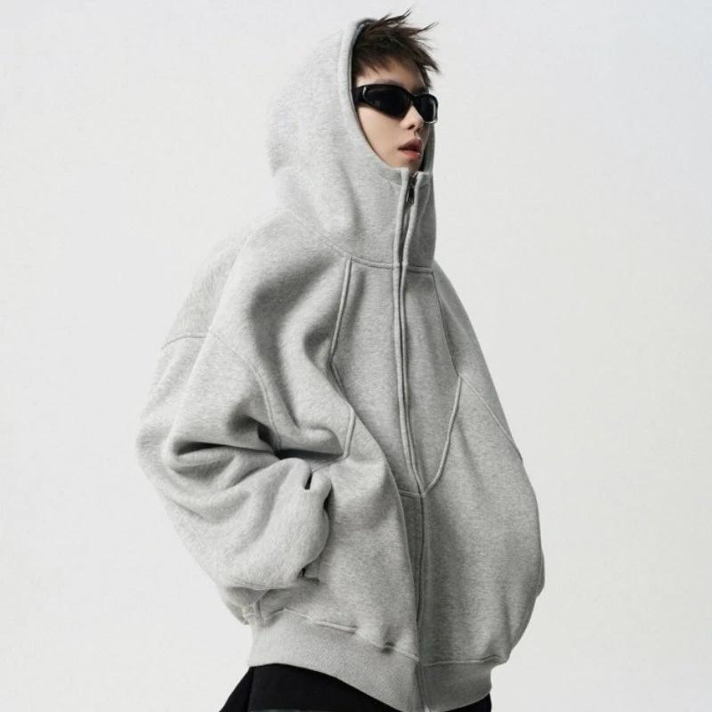 Men's Loose Design Stitching Zip-up Hooded Sweater by GJG Denim