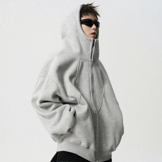 Men's Loose Design Stitching Zip-up Hooded Sweater by GJG Denim