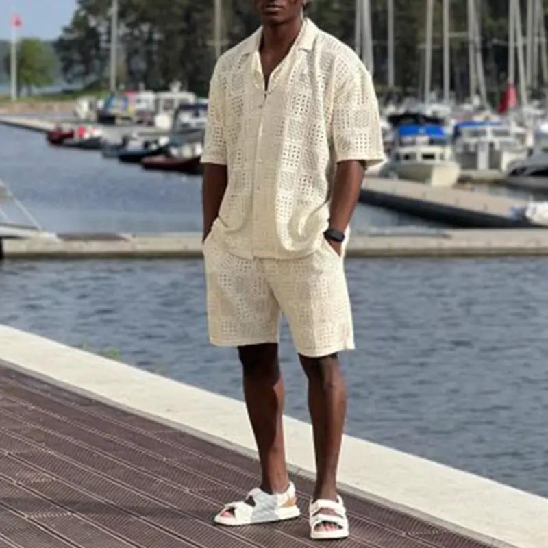 Mens Hollow-Out Lapel Button-Up Shirt And Loose Casual Shorts Set by GJG Denim