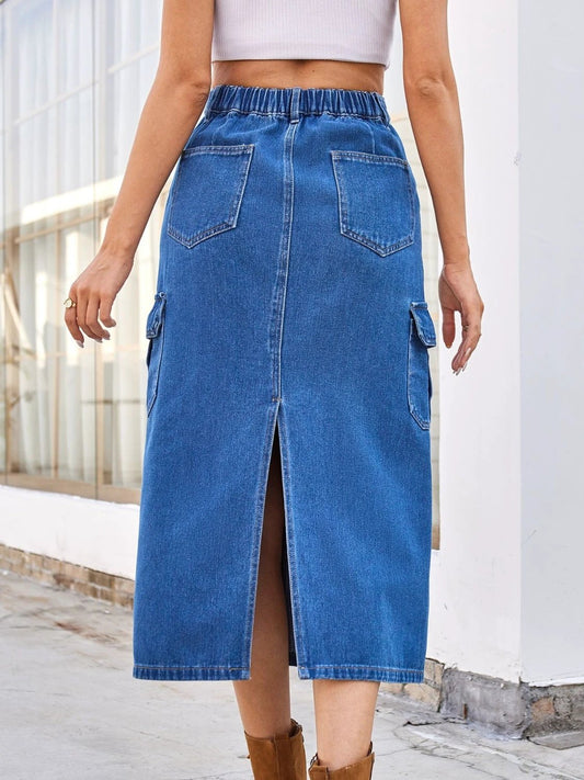 Slit Midi Denim Skirt with Pockets by Lady Ros