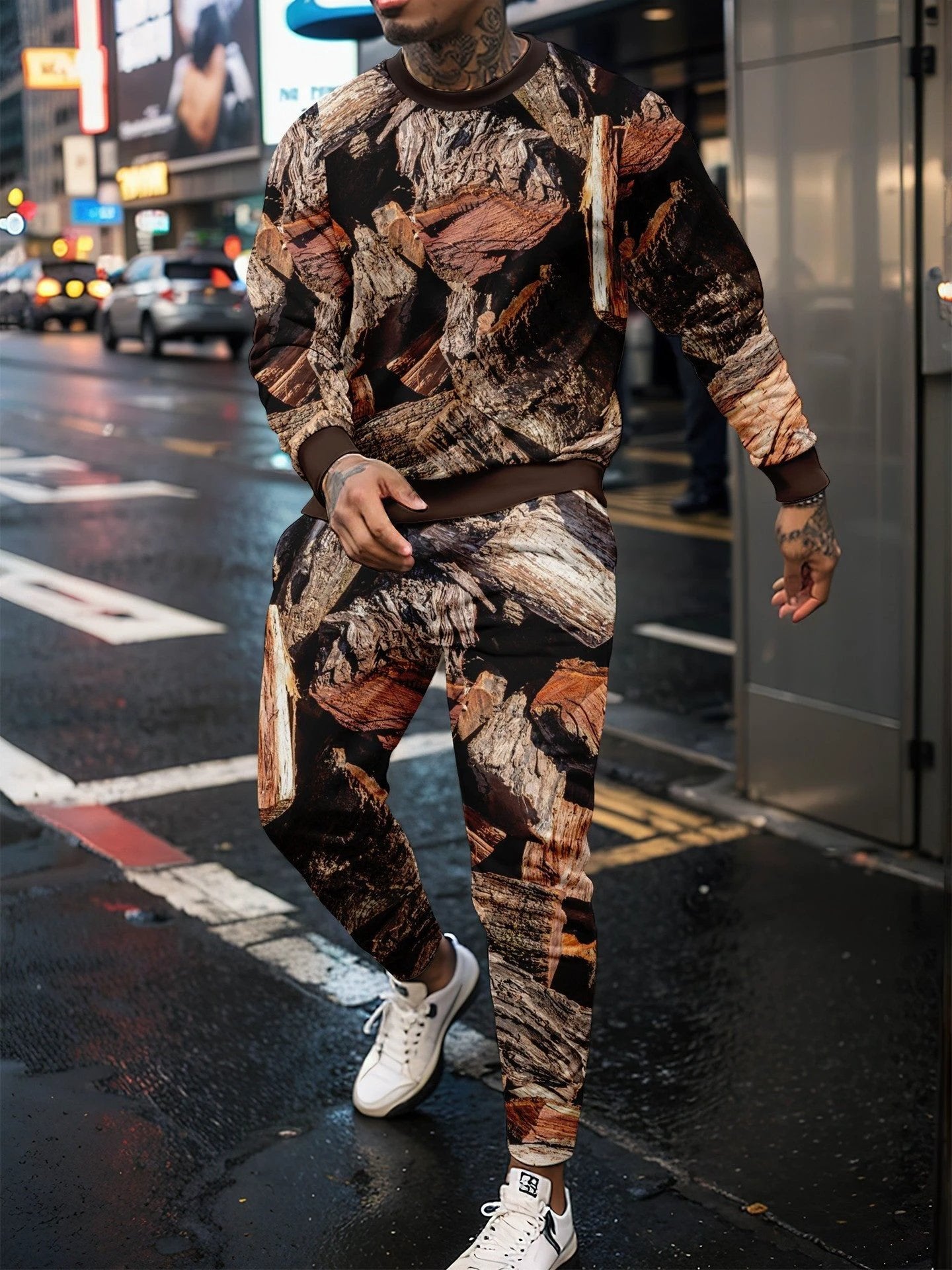 Round Neck Sweater Jungle Camouflage Sportswear Long Sleeve Two-piece Pants by GJG Denim