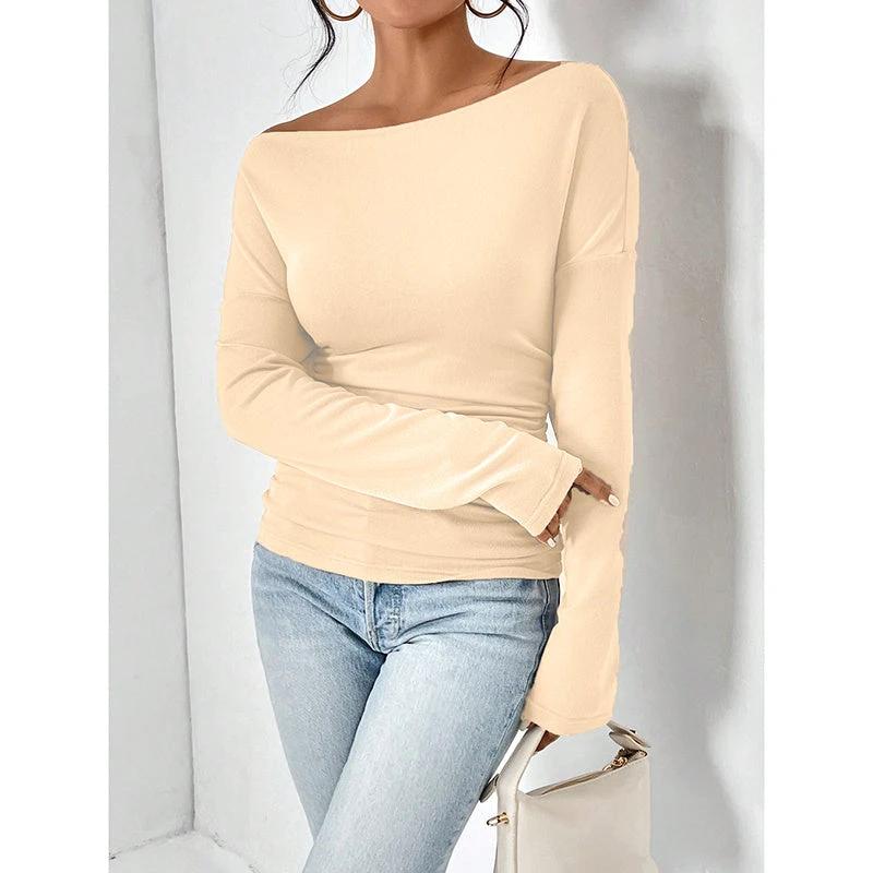 Women's Off The Shoulder Tops Long Sleeve T Shirts Going Out Tops Casual Trendy Ruched Slim Fitted Tees by GJG Denim