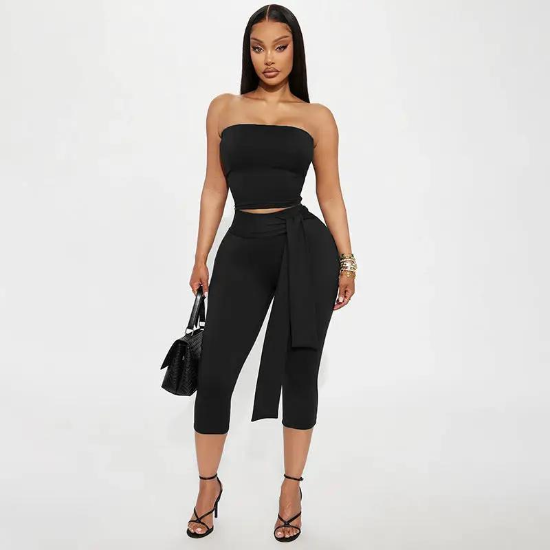 Womens Strapless Midriff-baring Top And High-waisted Cropped Pants Set by GJG Denim