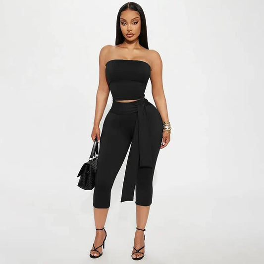 Womens Strapless Midriff-baring Top And High-waisted Cropped Pants Set by GJG Denim