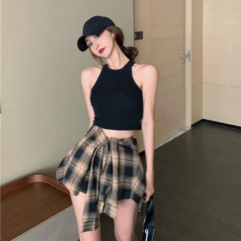 Irregular Plaid Top And Shorts-skirt Two-piece Set by GJG Denim