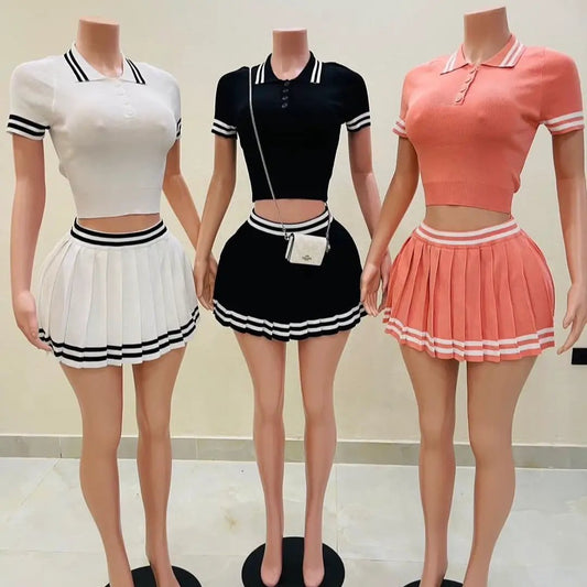 Casual Set Trendy Tops Pleated Skirt Two-piece Set by GJG Denim