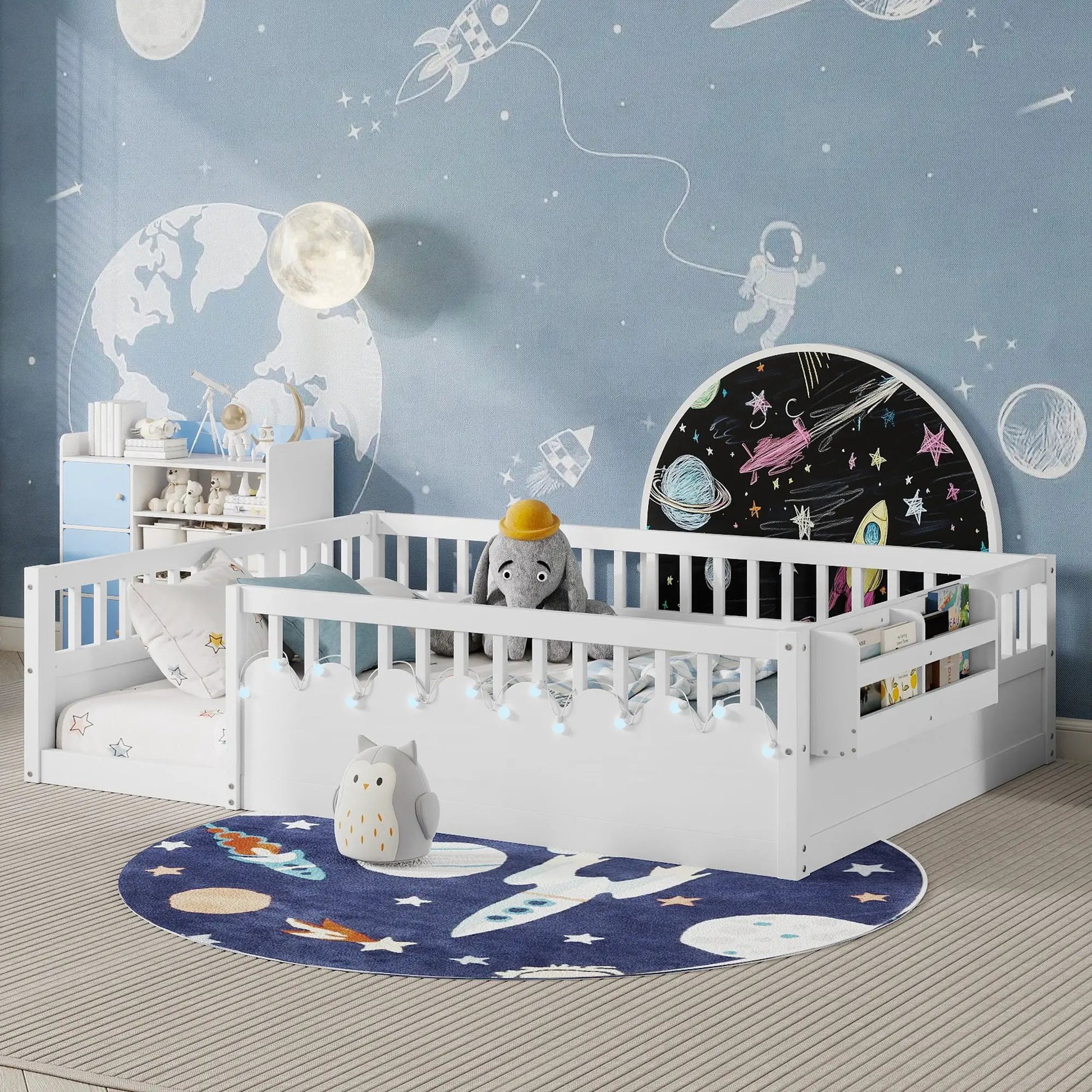 Full Montessori Floor Bed Frame With High Rails, Wood Kids Floor Beds With Light And Storage Shelf, White by GJG Denim