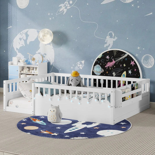 Full Montessori Floor Bed Frame With High Rails, Wood Kids Floor Beds With Light And Storage Shelf, White by GJG Denim